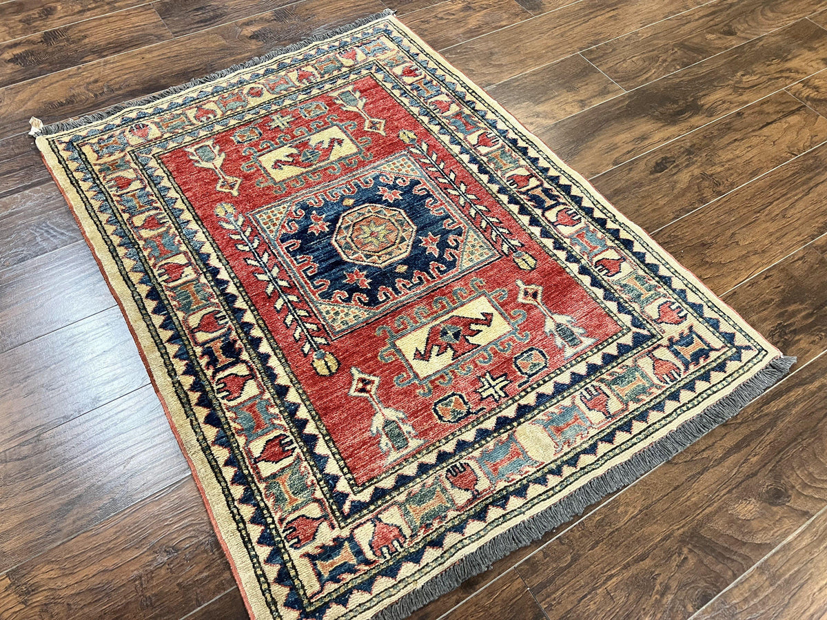 Turkish Kazak Rug 3x4, Wool Hand Knotted Small Vintage Carpet, Red Navy Blue, 3 x 4 Oriental Rug, Geometric Design - Jewel Rugs, view 13