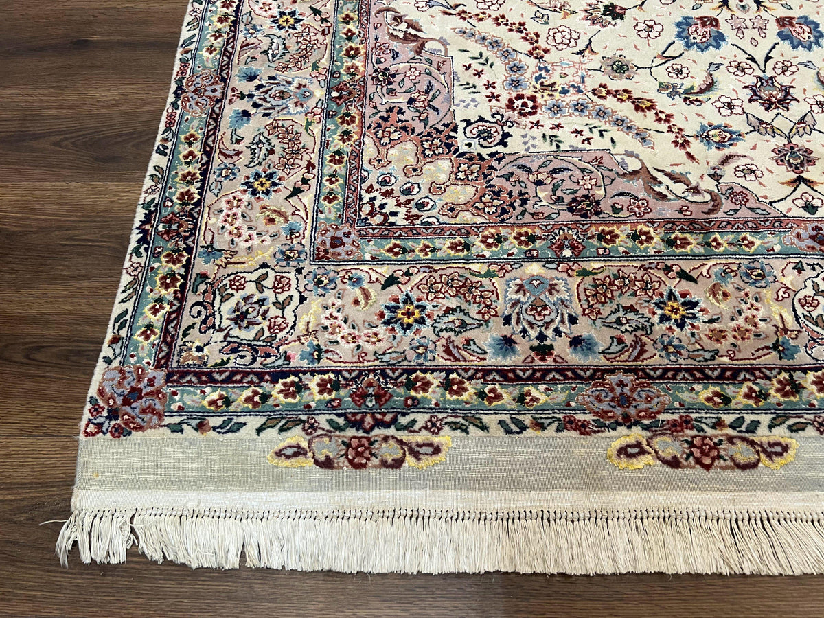 Beautiful Pak Persian Rug 6x9, Floral Medallion, Wool and Silk, Highly Detailed Elegant Carpet, Vintage Oriental Rug 6 x 9, Cream and Gray - Jewel Rugs, view 8