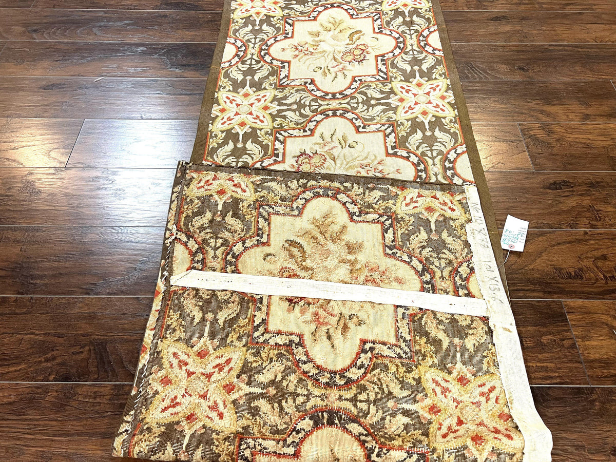 Needlepoint Runner Rug 2.8 x 9.8, Brown and Beige, Handwoven Handmade Floral French European Design, Vintage Flatweave 10ft Wool Runner Rug - Jewel Rugs, view 11