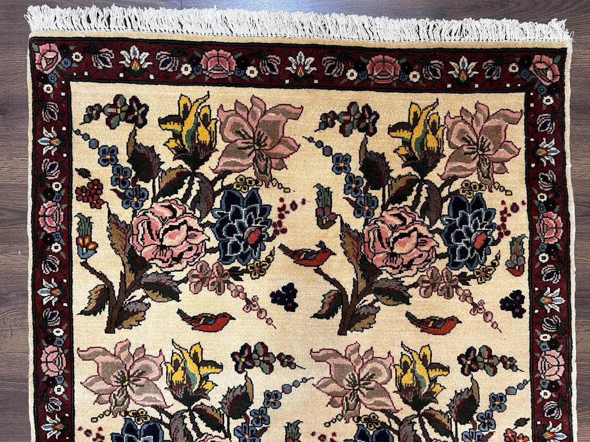 Persian Bidjar Rug 3.6 x 5 ft, Repeated Floral Motifs, Roses and Birds, Cream Burgundy, Fine Wool Oriental Bijar Carpet, Vintage Traditional Area Rug - Jewel Rugs, view 4