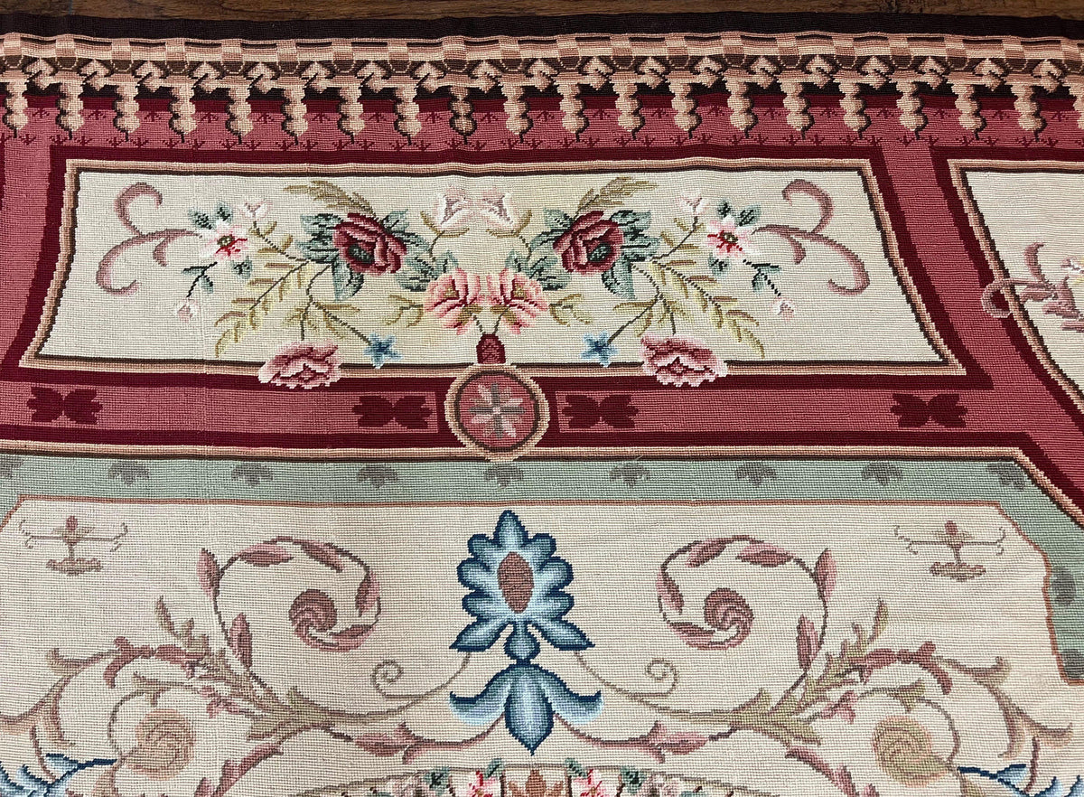 Needlepoint Rug 7.9 x 9, Beige Maroon Rose, Handmade Handwoven Flatweave Aubusson Savonnerie French European Elegant Carpet, Wool Rug - Jewel Rugs, view 4