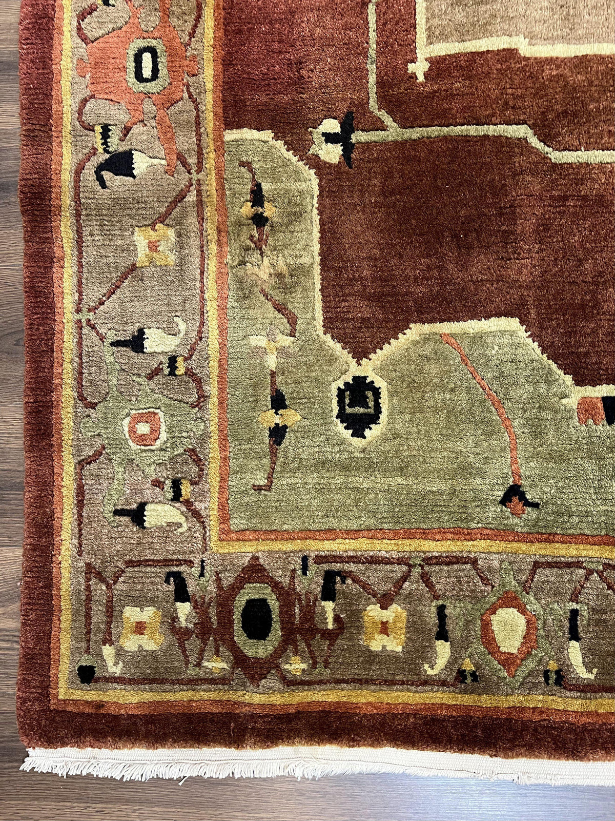 Tibetan Rug 7x10, Geometric Medallion, Red Green Taupe, Hand Knotted, Soft Wool Area Rug, Contemporary Carpet, Handmade Nepali Rug 7 x 10 ft - Jewel Rugs, view 9