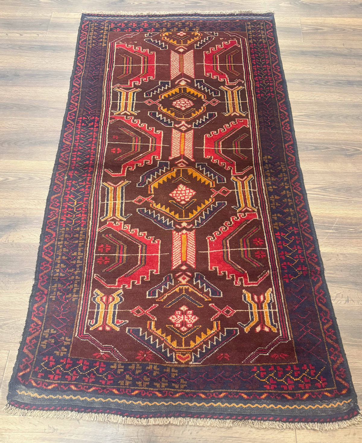 Afghan Rug 3x7, Maroon and Navy Blue, Balouch Carpet, Tribal Rug, New - Jewel Rugs, view 2