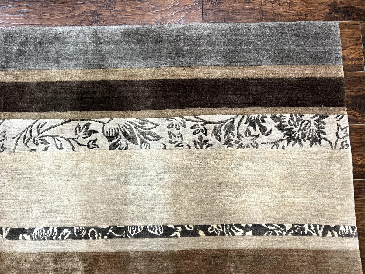 Modern Tibetan Nepali Rug 8x12, Stripe Pattern, Wool with Silk Highlights, Handmade, Beige Tan Brown - Jewel Rugs, view 8