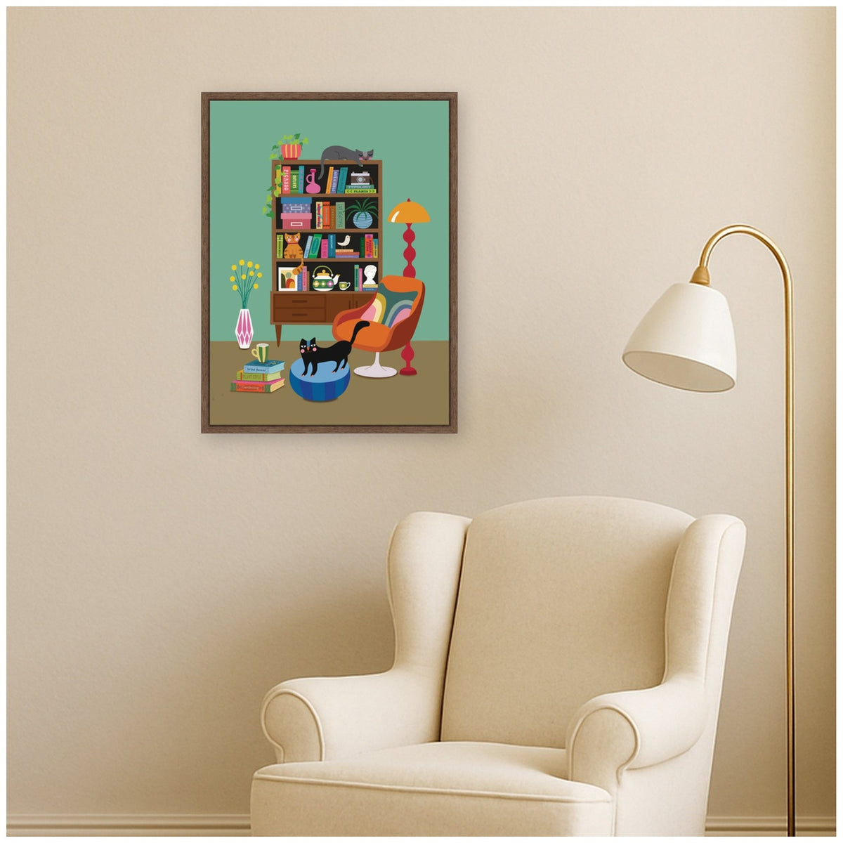 Cat Book Club 2 by Rachel Lee 3 Birdies Studio Framed Canvas Wall Art Print