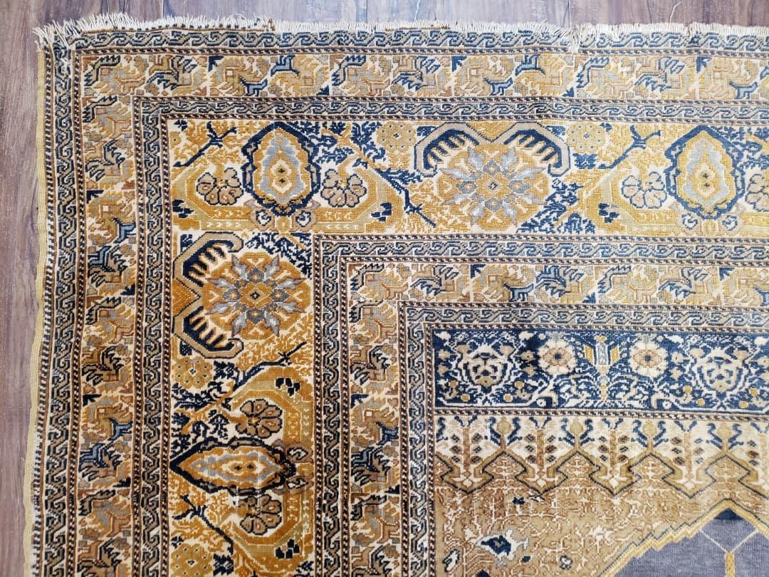 Rare Turkish Ghiordes Prayer Rug 4 x 5.8 ft, Late 19th Century Turkish Oriental Carpet, Mehrab Antique Prayer Rug, Museum Quality, Blue, Tan - Jewel Rugs, view 5