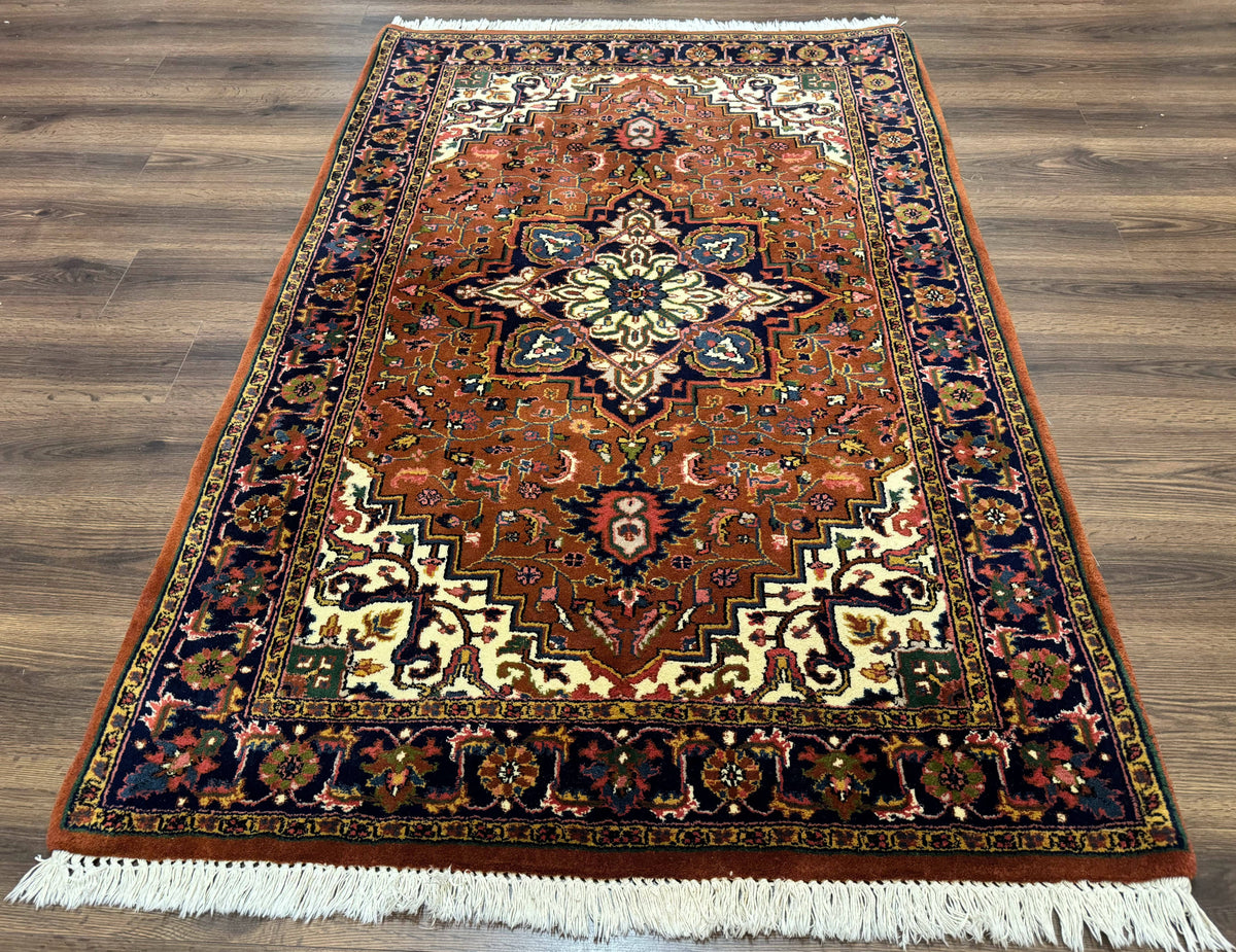 Indo Persian Heriz Rug 4x6, Rust Red Navy Blue and Cream - Jewel Rugs, view 2