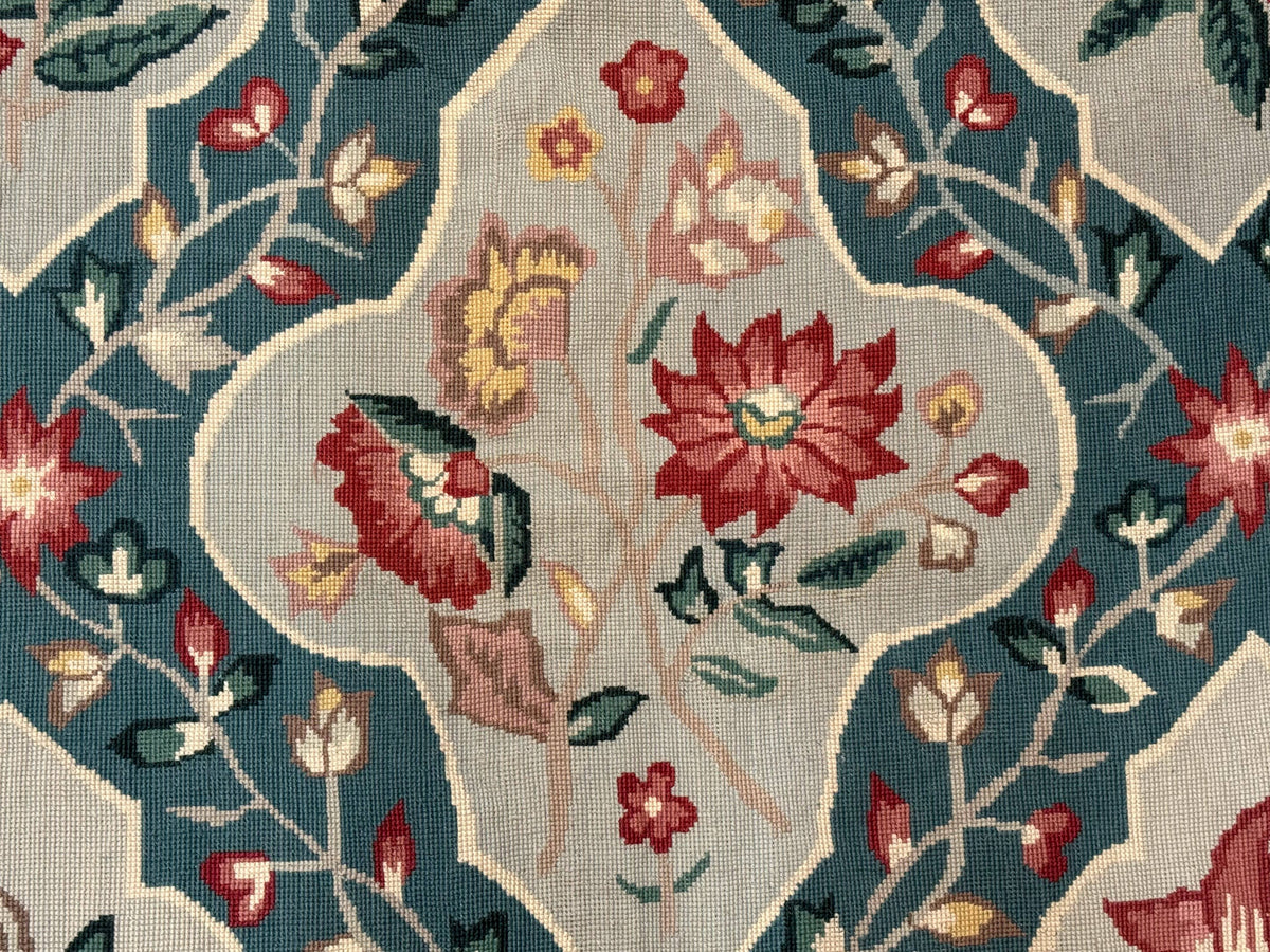 Teal Needlepoint Rug 6x9, Panel Design, Floral Bouquets, Handmade - Jewel Rugs, view 5