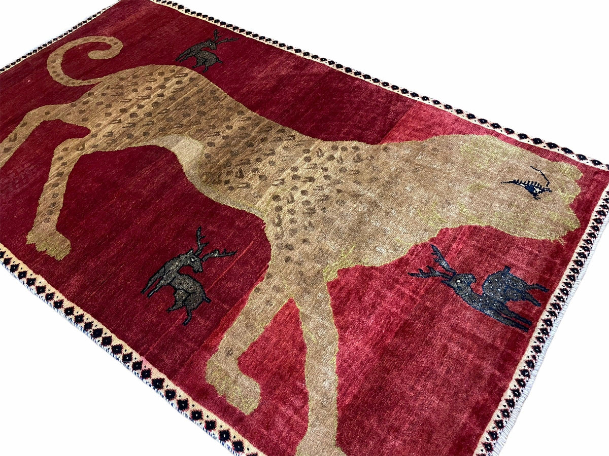 3.5 X 6 Handmade New Vintage Quality Wool Rug Leopard Red Tribal Hand-Knotted - Jewel Rugs, view 3