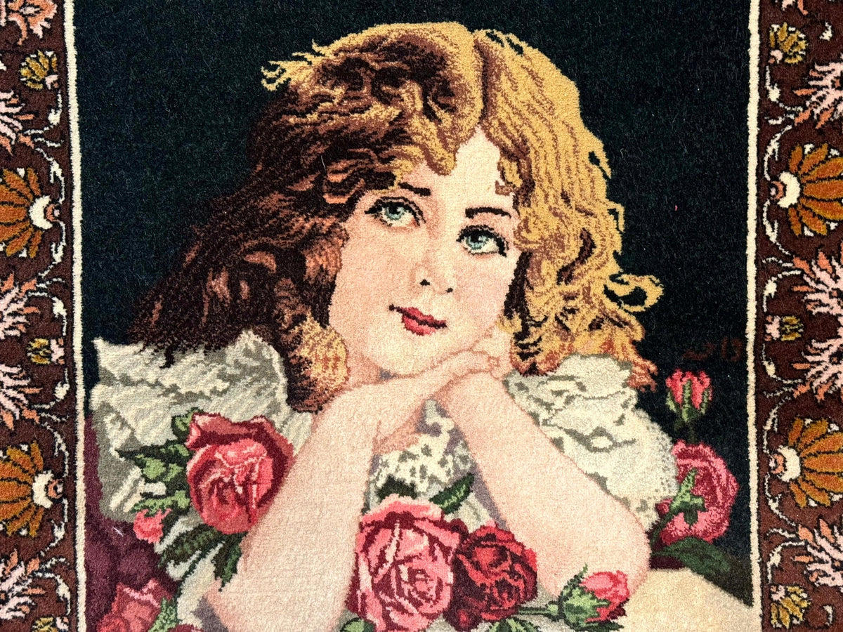 Small Persian Tabriz Pictorial Rug of Young Girl, Very Fine 380 KPSI, Portrait of Young Lady with Roses, Handmade, Persian Rug for Wall Hanging - Jewel Rugs, view 3