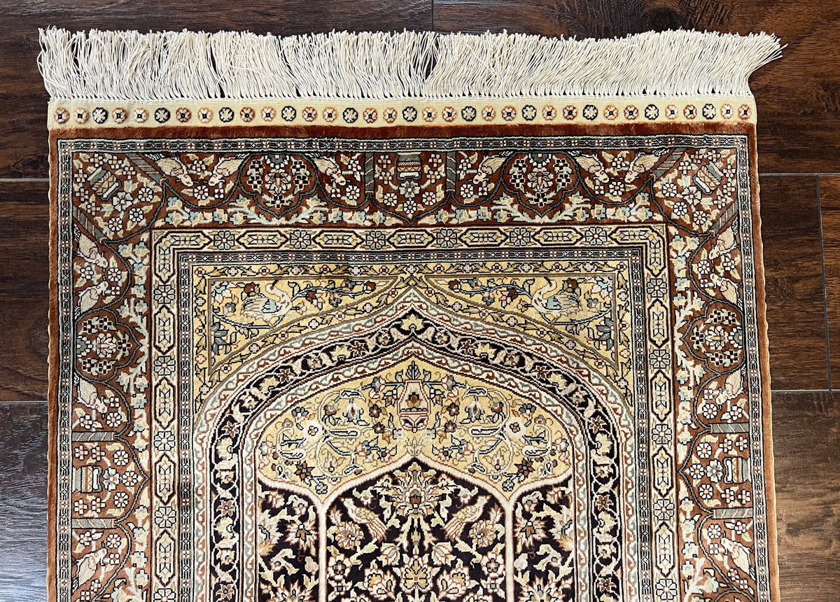 Turkish Silk Hereke Rug 2x3, Floral Vase Tree of Life Birds, Silk Pile on Silk Foundation, Vintage Oriental Carpet, Very Fine, Signature - Jewel Rugs, view 3