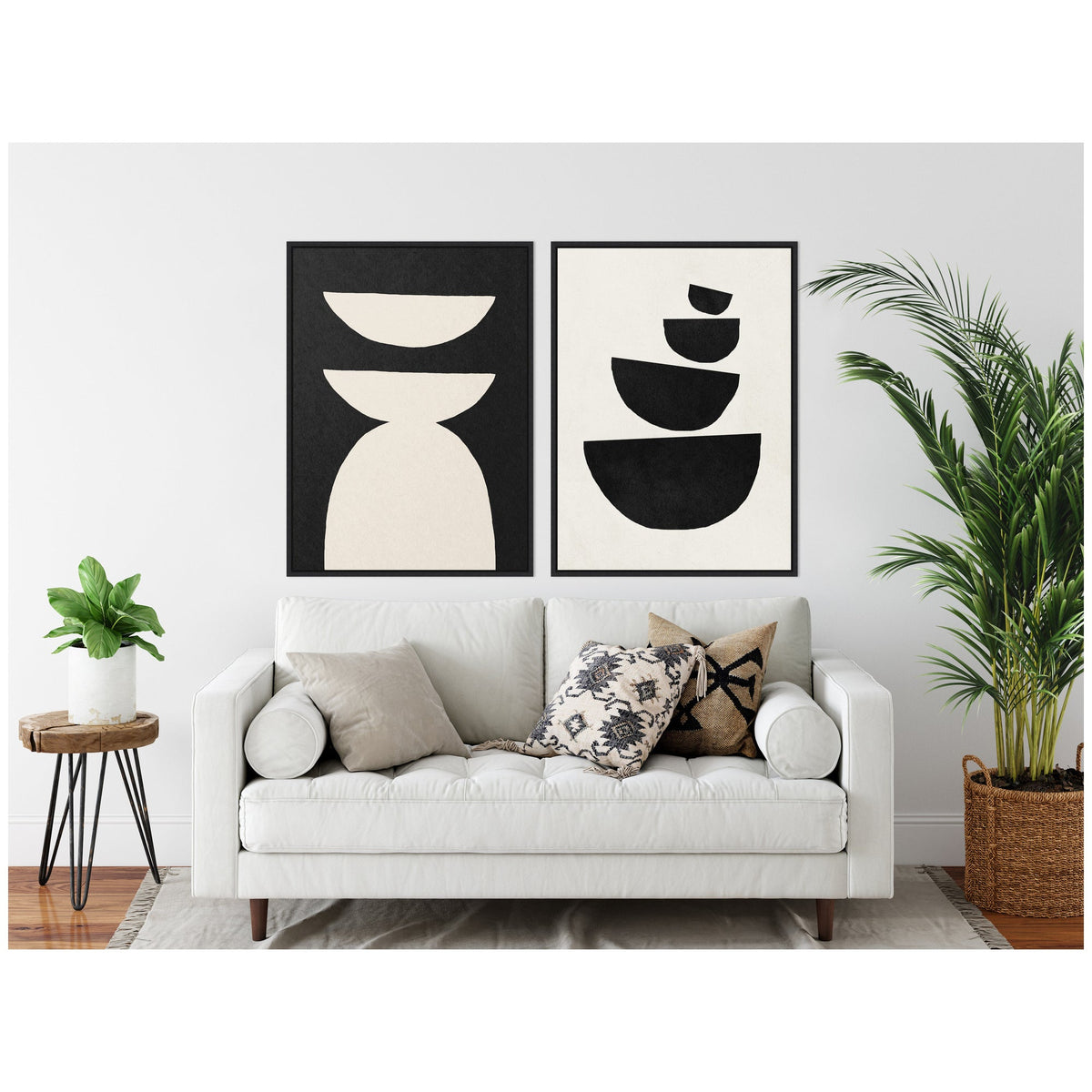 Sylvie White Geometric Abstract and Black Geometric Abstract Framed Canvas Art Set by July Art Prints