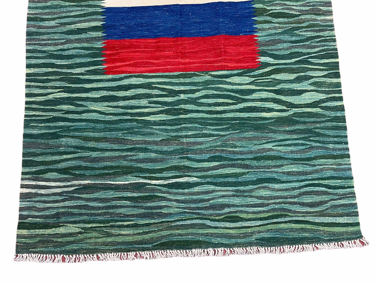 Sea Green Kilim Area Rug, White Blue Red Stripes, Russian Flag Rug, Flatweave Hand Knotted Carpet, Turkish Carpet, Wool, New, 5' 6" x 7' 10" - Jewel Rugs, view 7