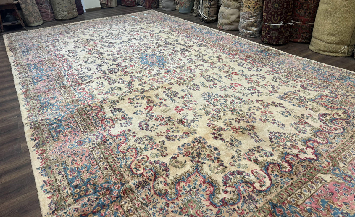 Palace Size Persian Kerman Rug 11x20 ft, Very Fine 340 KPSI, Vintage Oversized Wool Handmade Large Persian Carpet, Beige Light Blue Pink - Jewel Rugs, view 12