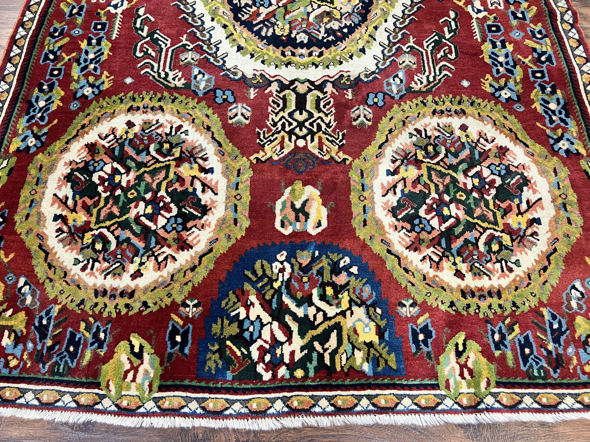 Persian Bakhtiari Rug 5x8, Wool Hand Knotted Antique Carpet, Red, Floral Oriental Rug, 5 x 8 Medium Sized Rug - Jewel Rugs, view 6