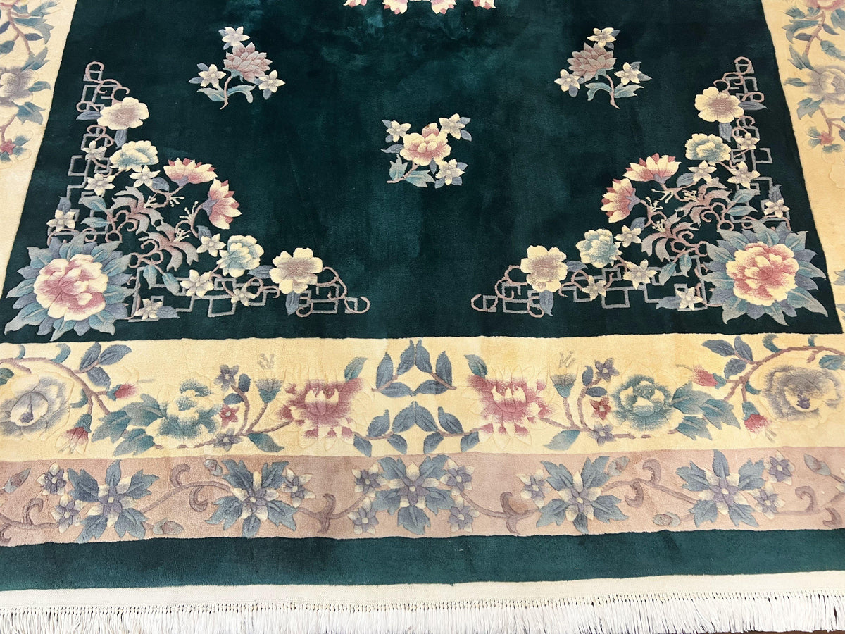 Chinese Art Deco Rug 9x12, Wool Hand Knotted Vintage Carpet, Dark Green & Cream, 90 Line Carving Rug - Jewel Rugs, view 6