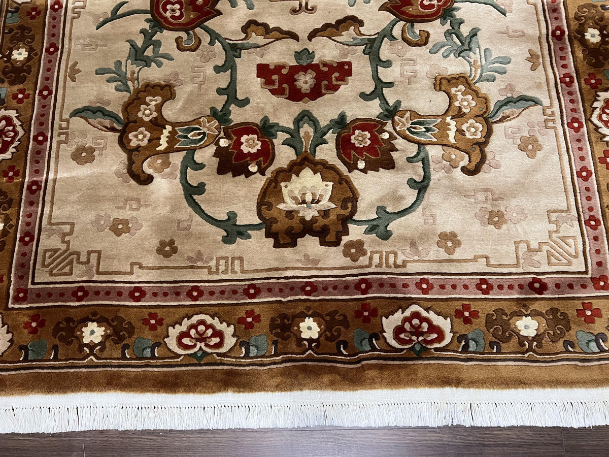 Chinese Wool Rug 5.9 x 9, Tan and Brown Asian Art Deco Carpet, Vintage 1960s Oriental Rug, Hand-Knotted Rug, Soft Wool, Medallion, Pair B - Jewel Rugs, view 6