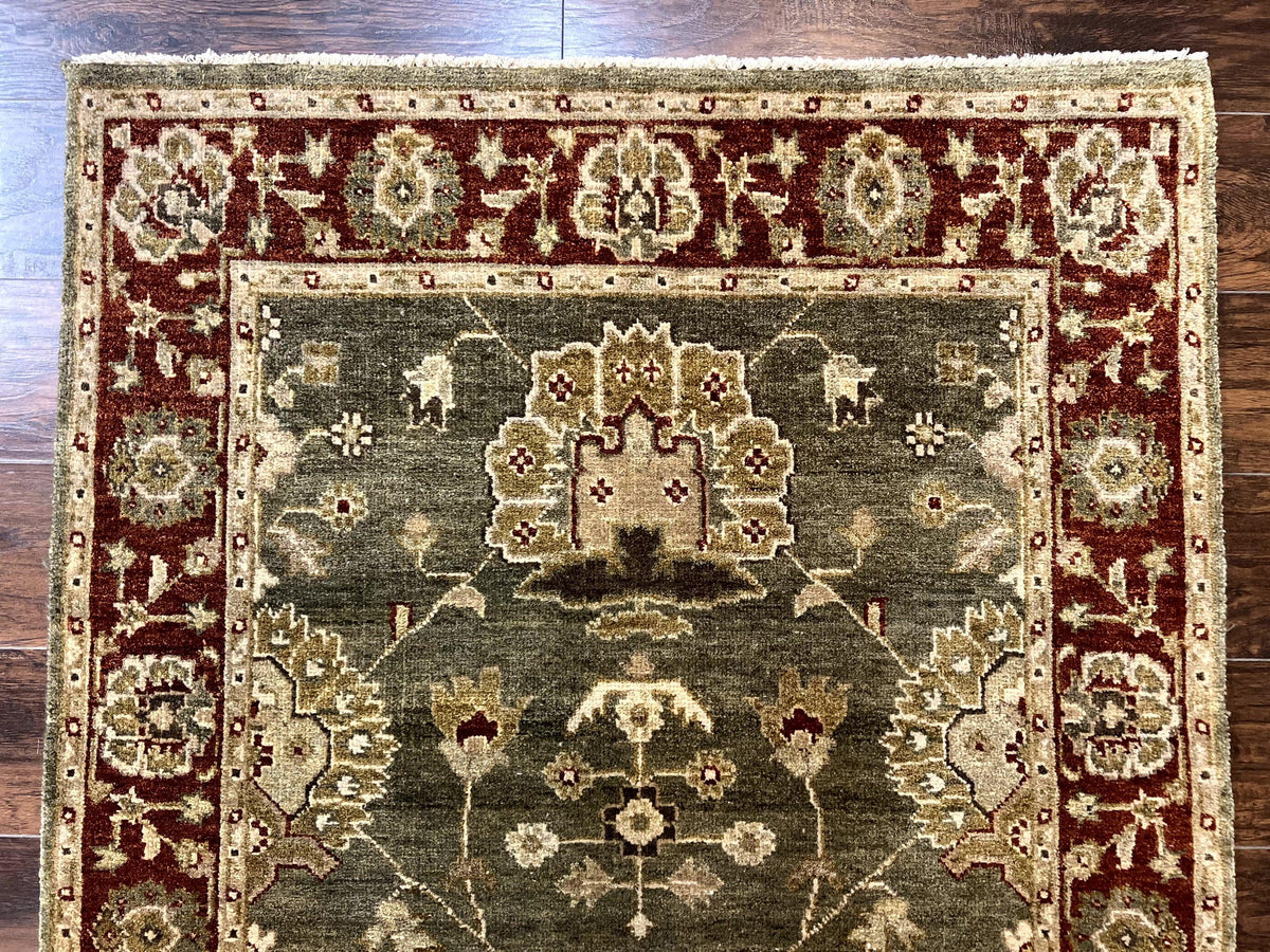 Indo Oushak Rug 4x6, Green and Maroon, Vintage Wool Floral Rug, Indian Agra Rug - Jewel Rugs, view 4