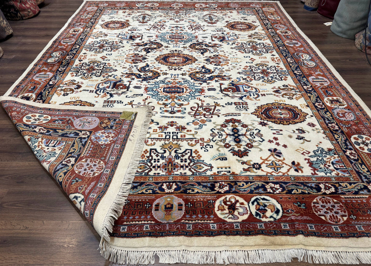 Indo Chinese Wool Rug 9x12, Ivory and Rust Red, Dragon Motifs - Jewel Rugs, view 12