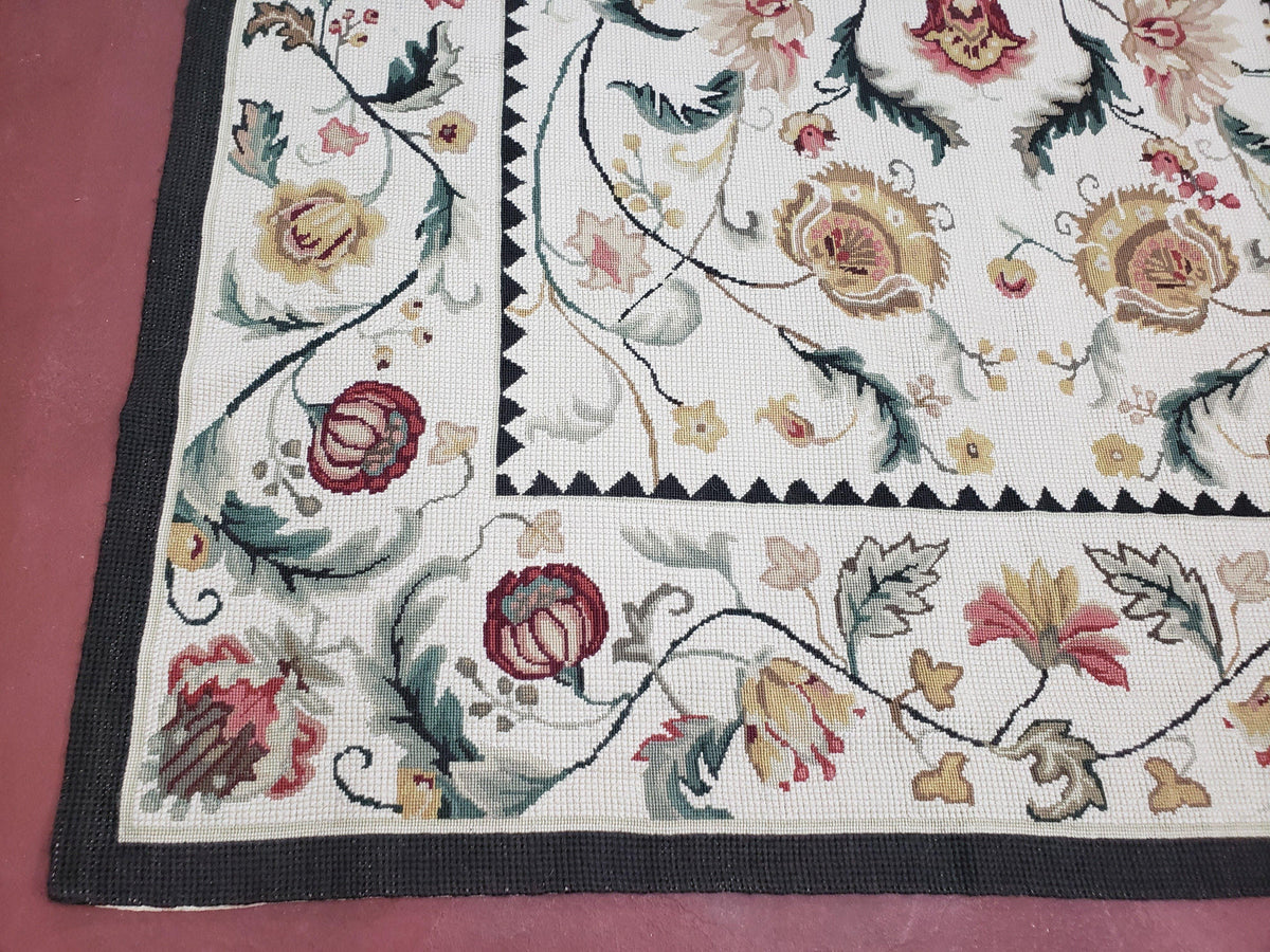 New Needlepoint Rug 9x12, Hand Woven Wool Area Rug, Flatweave Carpet, Handmade Chinese Needlepoint, Floral European Design, Ivory Background - Jewel Rugs, view 9