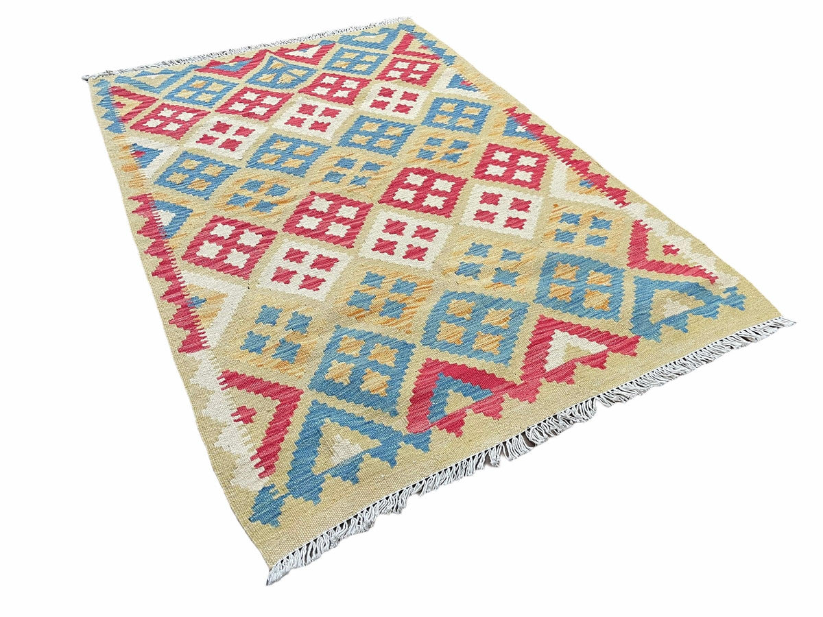 3x5 Kilim Rug Multicolor Tribal Kilim Rug 3 x 5 Tan Light Blue Red Beige New Turkish Anatolian Wool Kilim Flatweave Rug - Jewel Rugs, view 4