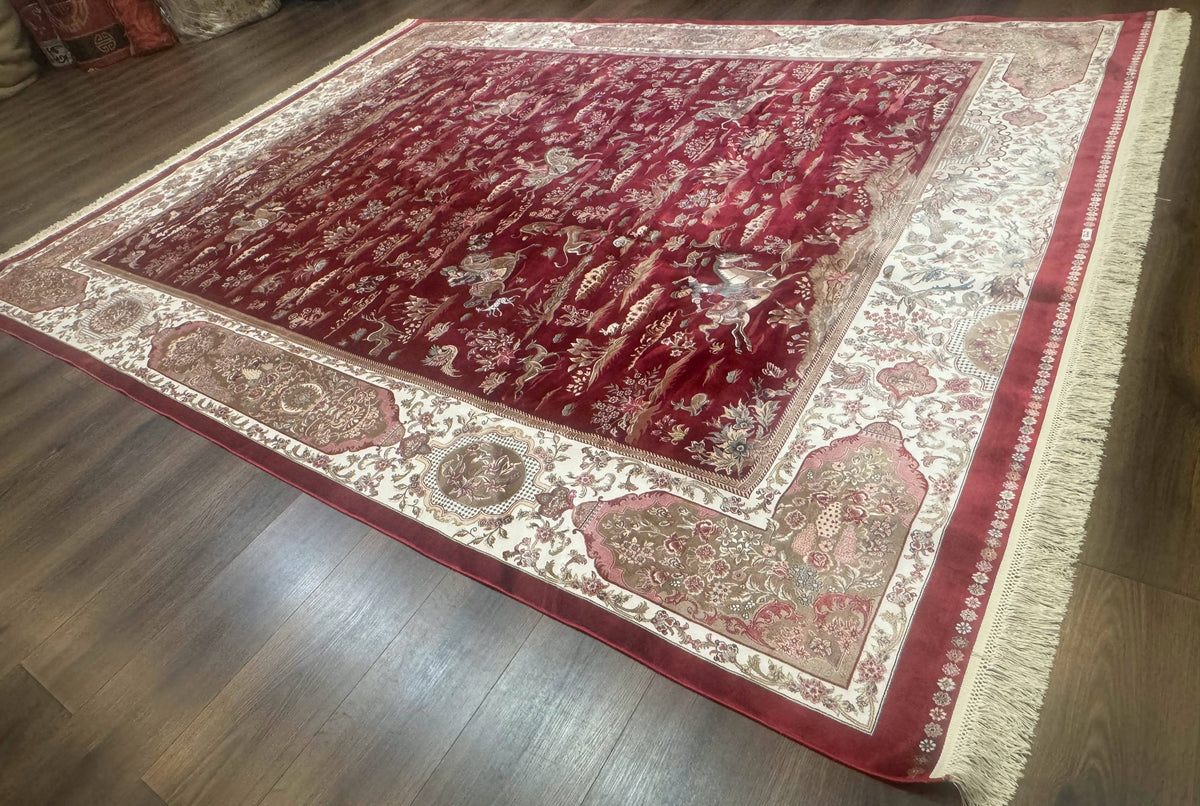 Turkish Silk Rug 8x10, Red & Ivory, Hunting Design, Bamboo Silk, New - Jewel Rugs, view 12