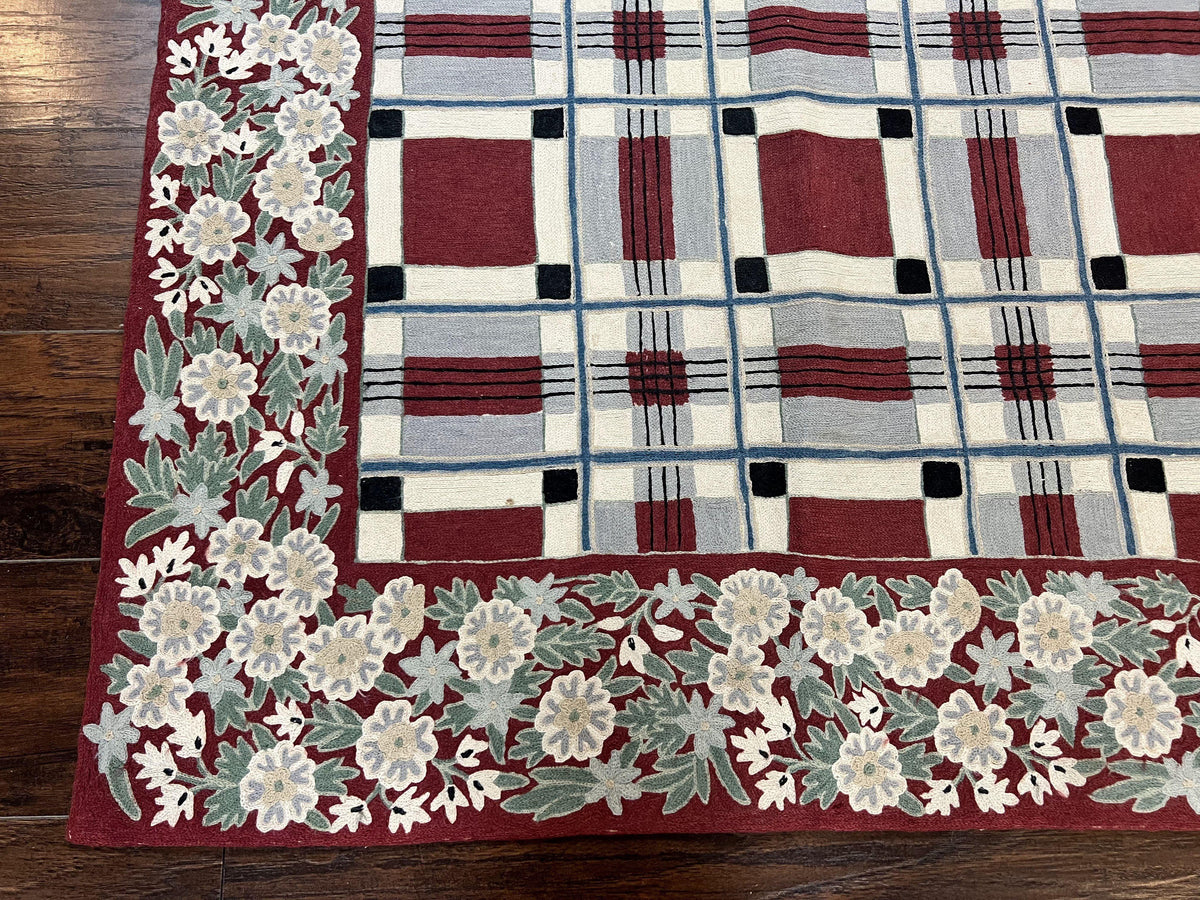 Indian Hand Stitched Rug 4x6, Vintage Carpet, Checkerboard Floral Pattern, Maroon Ivory, Flatweave, Wool - Jewel Rugs, view 9