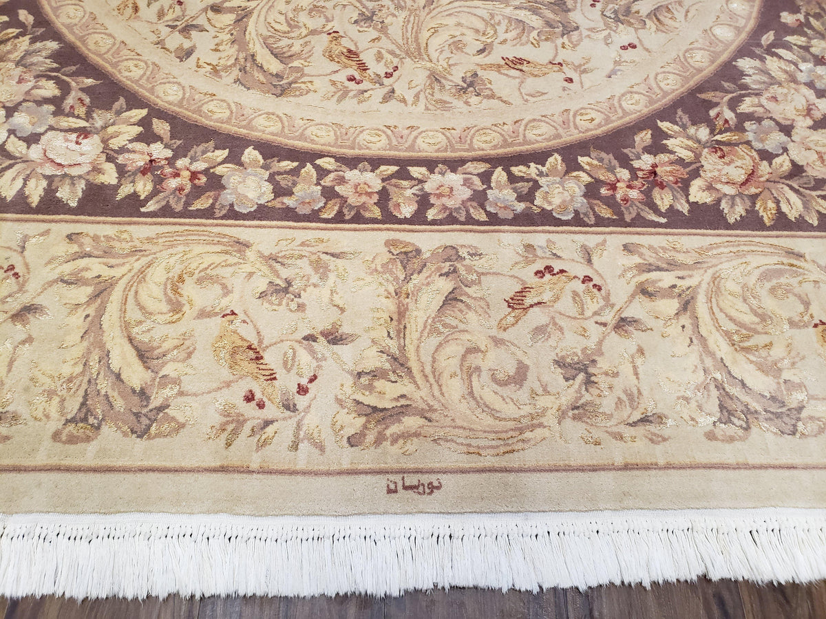 Chinese Aubusson Savonnerie Area Rug 8x12, Vintage 120 Line Carpet, Wool and Silk Hand-Knotted, Birds Flowers Master Weaver Signature - Jewel Rugs, view 6