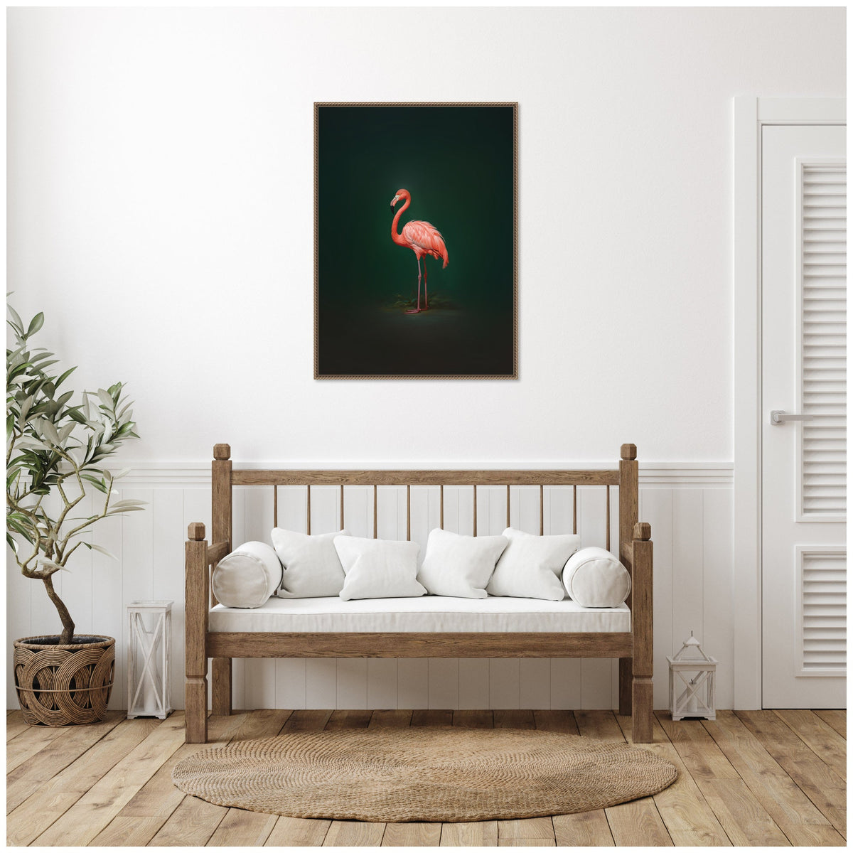 Flamingo Side View Rich Green Backdrop by The Creative Bunch Studio Framed Canvas Wall Art Print