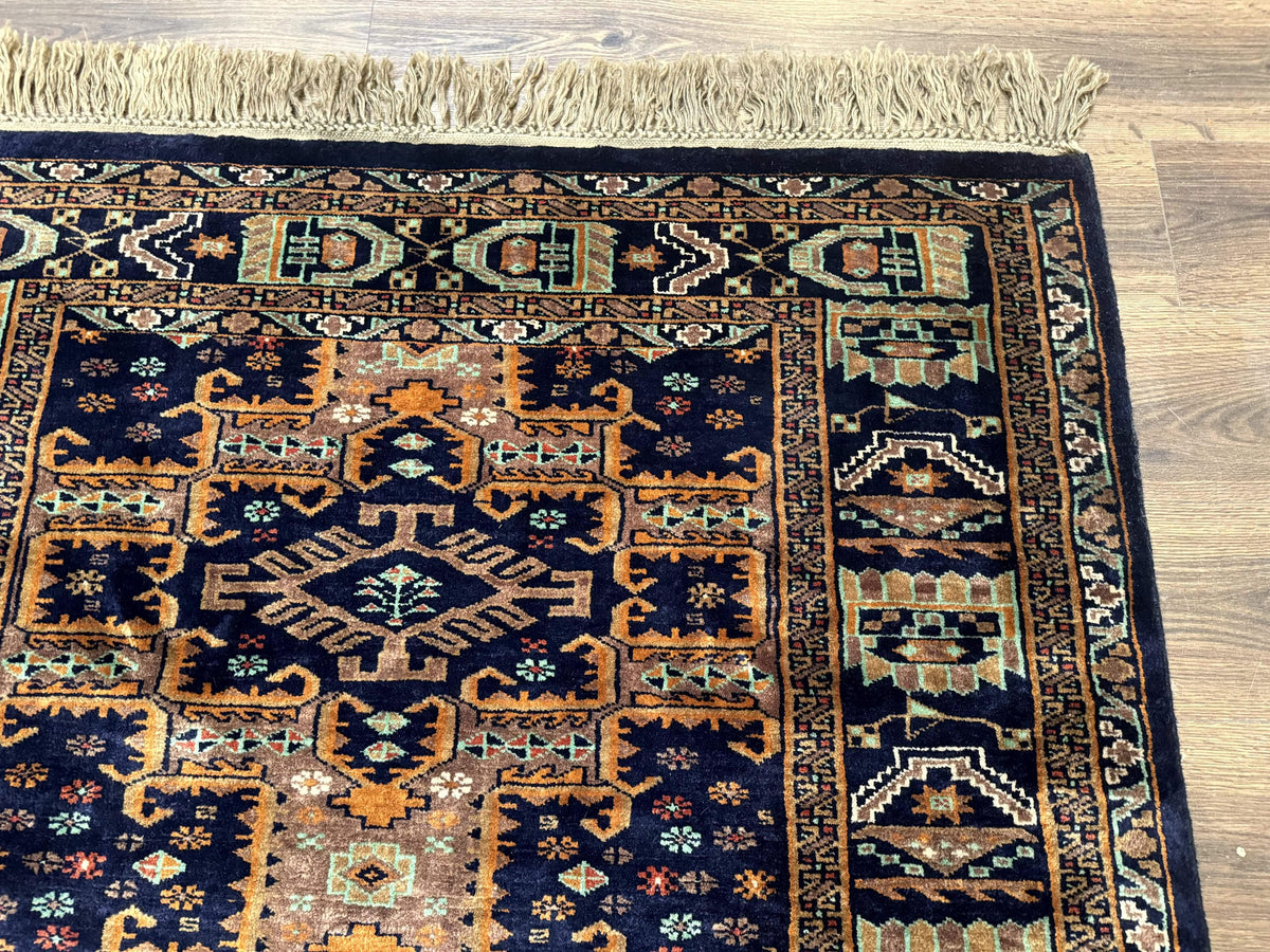 Vintage Afghan Rug 4x6, Navy Blue and Light Brown, Geometric Medallions, Wool on Wool, Tribal Rug - Jewel Rugs, view 8