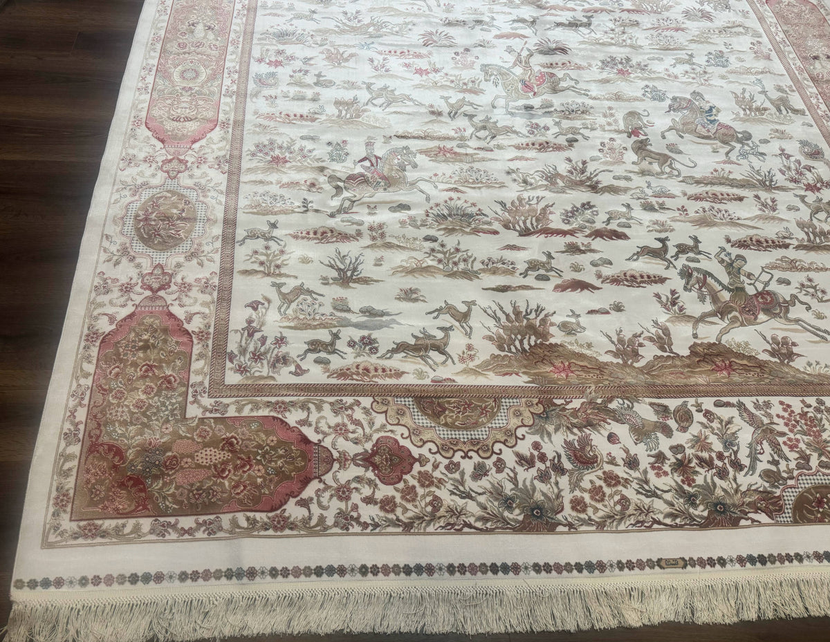 Large Turkish Silk Rug 8x10, Ivory, Hunting Design, Bamboo Silk, New - Jewel Rugs, view 9