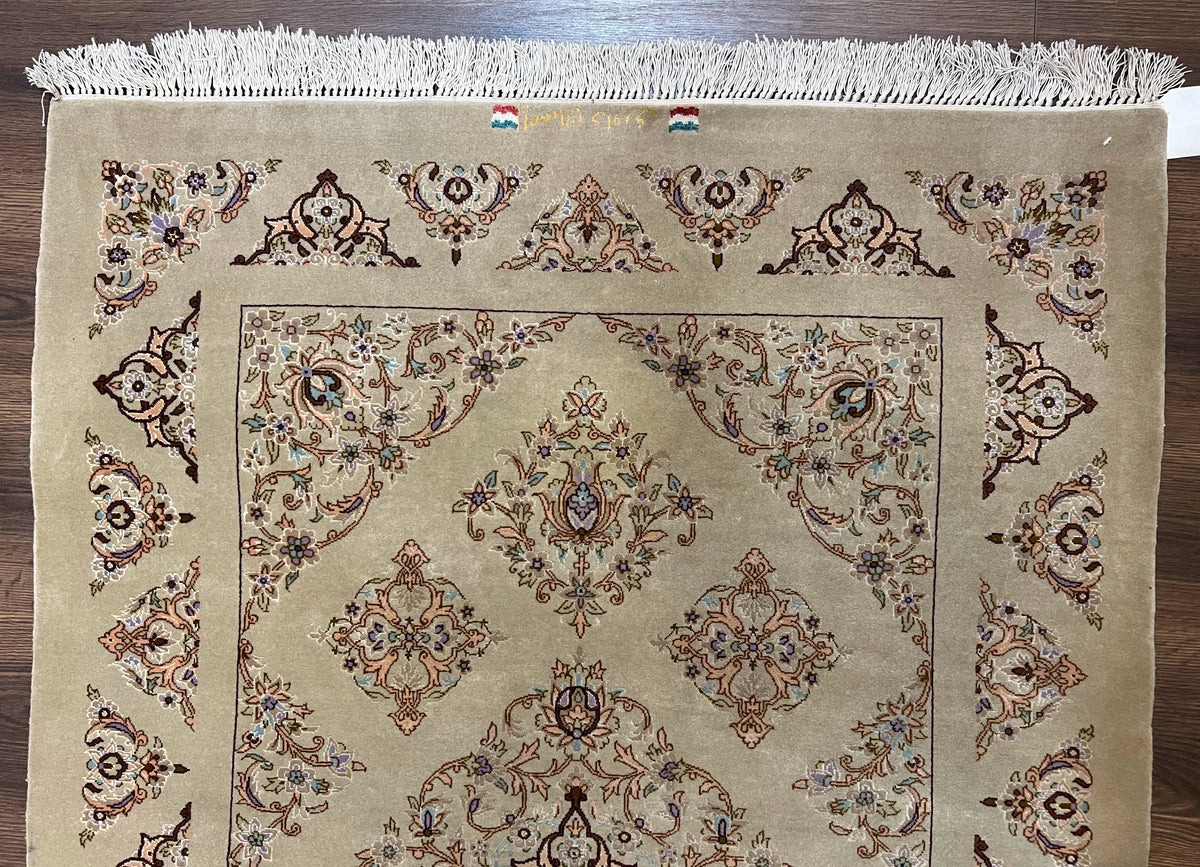 Very Fine Persian Isfahan Rug 3x5 ft with Signature, Kork Wool on Silk Foundation, Gray-Taupe Vintage Hand Knotted Oriental Carpet, 60 Raj 460 KPSI - Jewel Rugs, view 3
