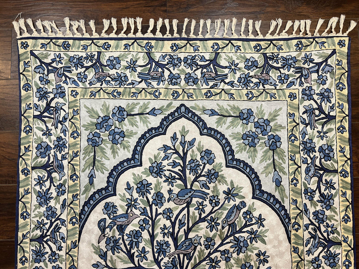 Tree of Life Indian Hand Stitched Rug 4x6, Indian Wall Hanging Rug, Ivory Blue, Silk on Cotton, Vintage - Jewel Rugs, view 4