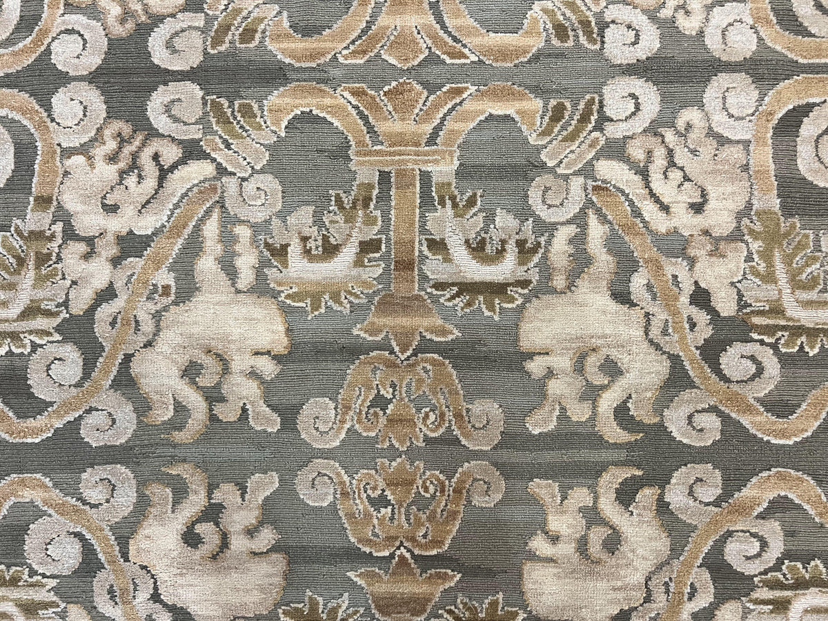 Spanish Rug 11x14, Wool Hand Knotted Vintage Carpet, Olive Green and Beige, Floral Allover, European Design, 11 x 14 Rug - Jewel Rugs, view 5