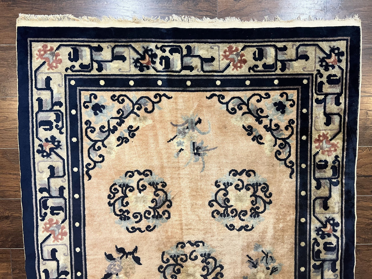 Chinese Peking Rug 4x6, Wool Hand Knotted Handmade Vintage Semi Antique Carpet, Semi Open Field, Light Peach & Navy Blue, Art Deco Rug - Jewel Rugs, view 4