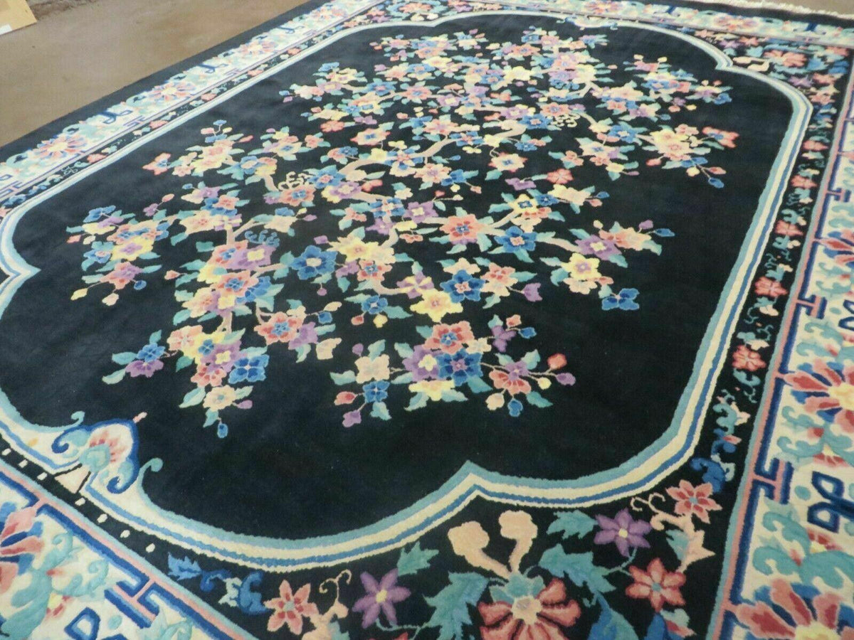 Black Chinese Wool Rug 8x10, Art Deco Floral Carpet, Soft Plush Pile - Jewel Rugs, view 12