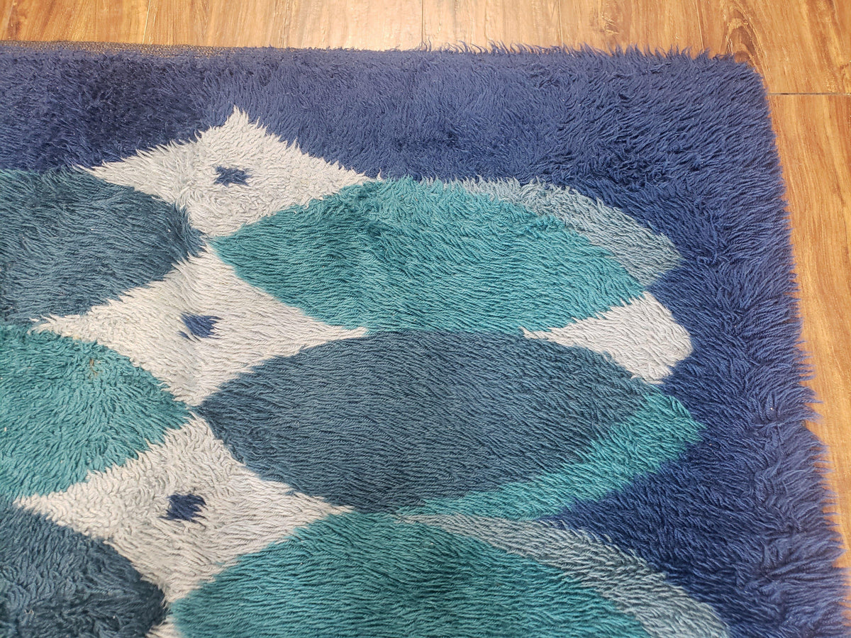 Blue Rya Rug, 1960s Mid-Century Modern Danish Shag Rug 4'6" x 6'7", Ege Rya, Abstract - Jewel Rugs, view 8