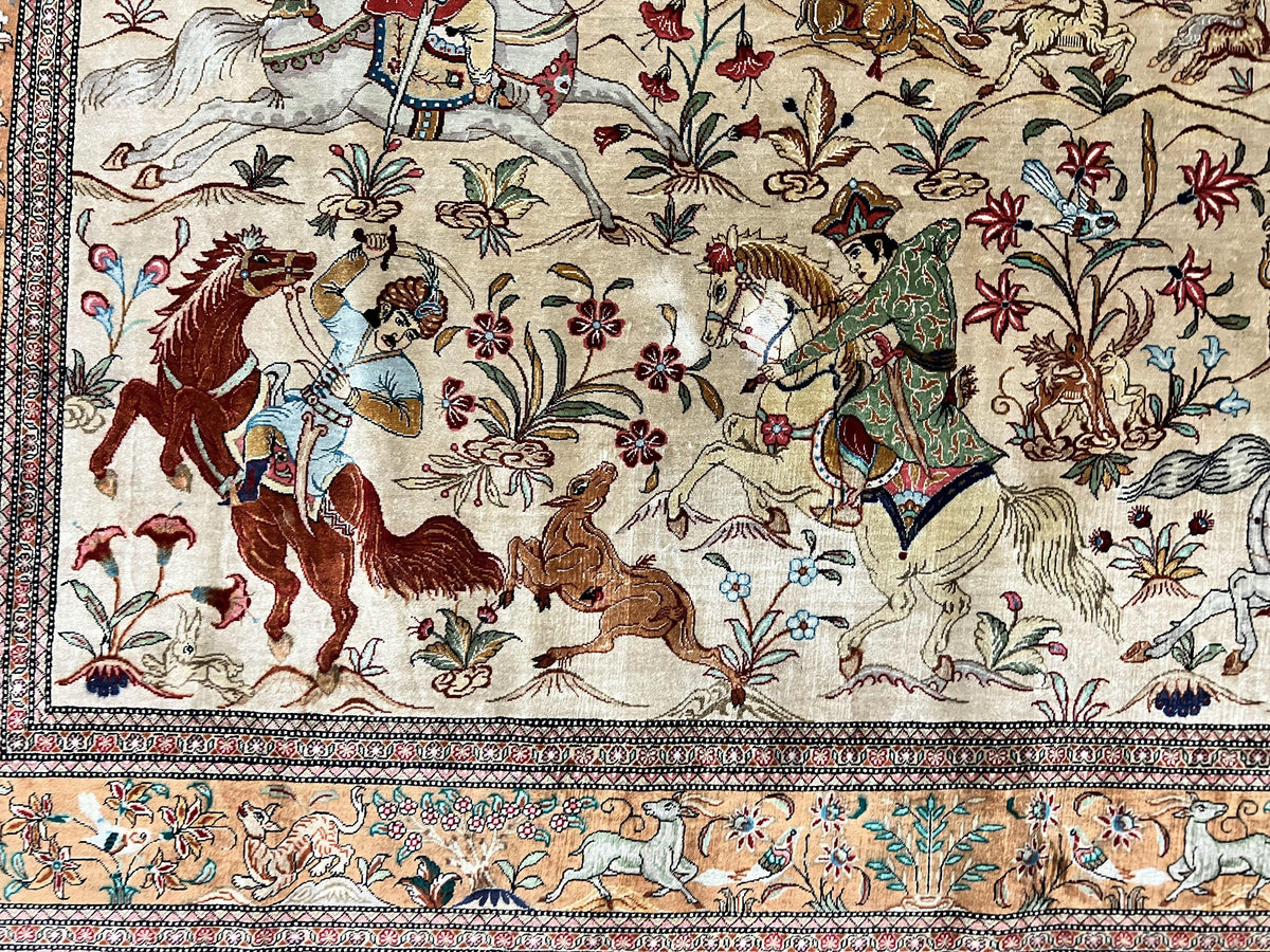 Silk Persian Qum Rug 3x5, Hunting Pattern, Handmade Vintage Carpet, Signed by Master Weaver, Horsemen Pictorials, Super Fine 650 KPSI - Jewel Rugs, view 5