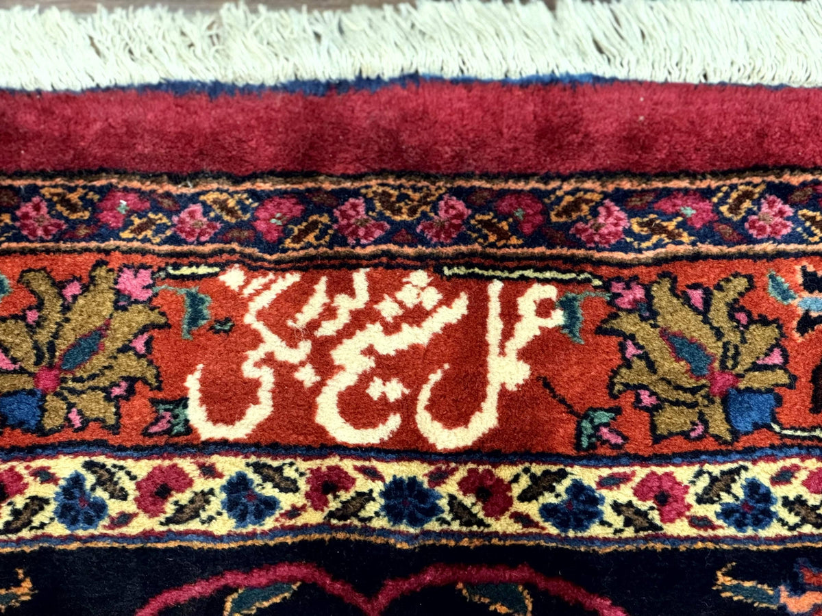 Palace Size Persian Mashad Rug 12x16, Raspberry and Navy Blue, Signature from Master Weaver, Antique Handmade Large Wool Carpet - Jewel Rugs, view 12