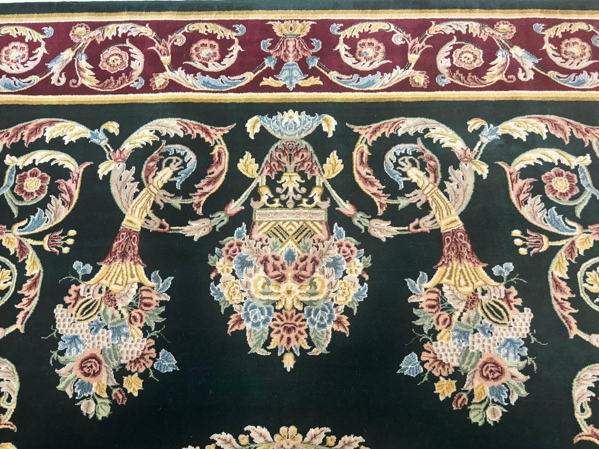 Aubusson Rug 9x12, Dark Green, European Design, Vintage Fine Handmade Carpet, Elegant - Jewel Rugs, view 4