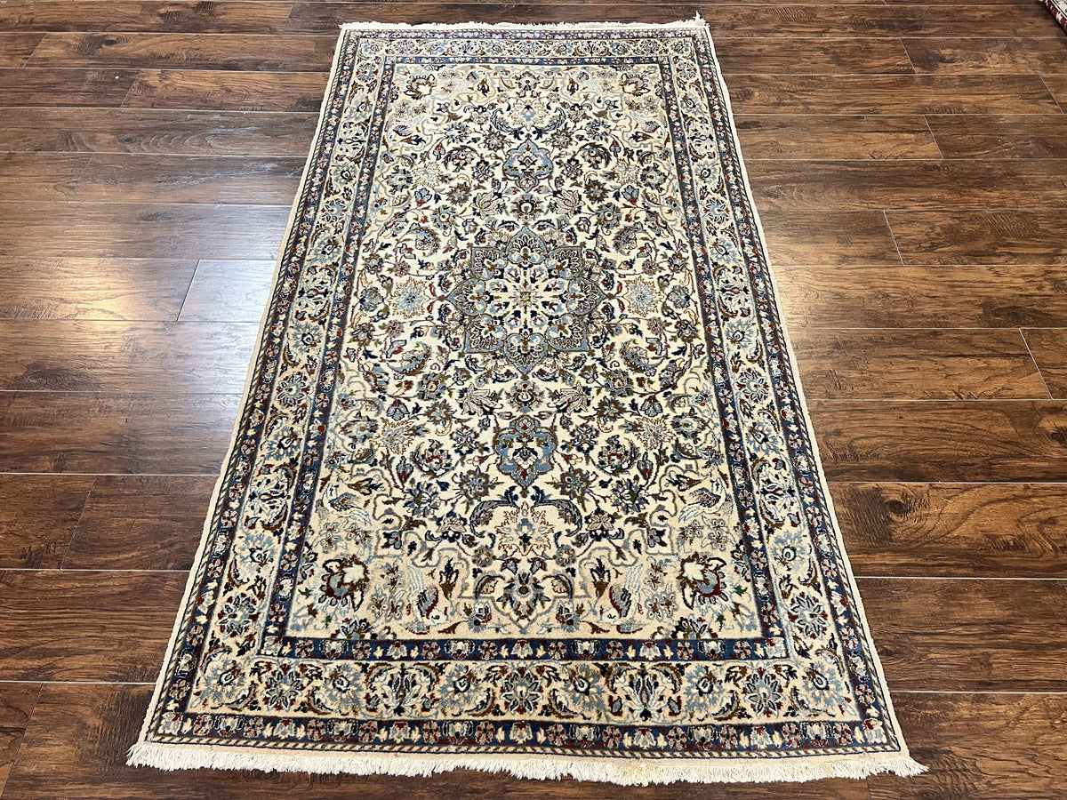 Persian Nain Rug 4x7, Floral Medallion Oriental Carpet 4 x 7 ft, Ivory Persian Rug, Handmade Hand Knotted Vintage, Wool & Silk Highlights, Birds - Jewel Rugs, view 2