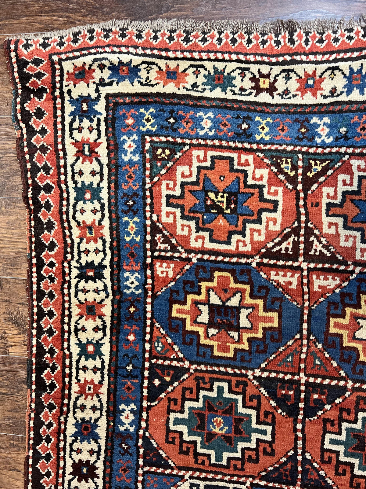 Antique Caucasian Kazak Runner Rug 4 x 9.5, Handmade Wool Rug for Hallway, Rare Colorful Panel Design Mid 19th Century 1870s Oriental Carpet - Jewel Rugs, view 6