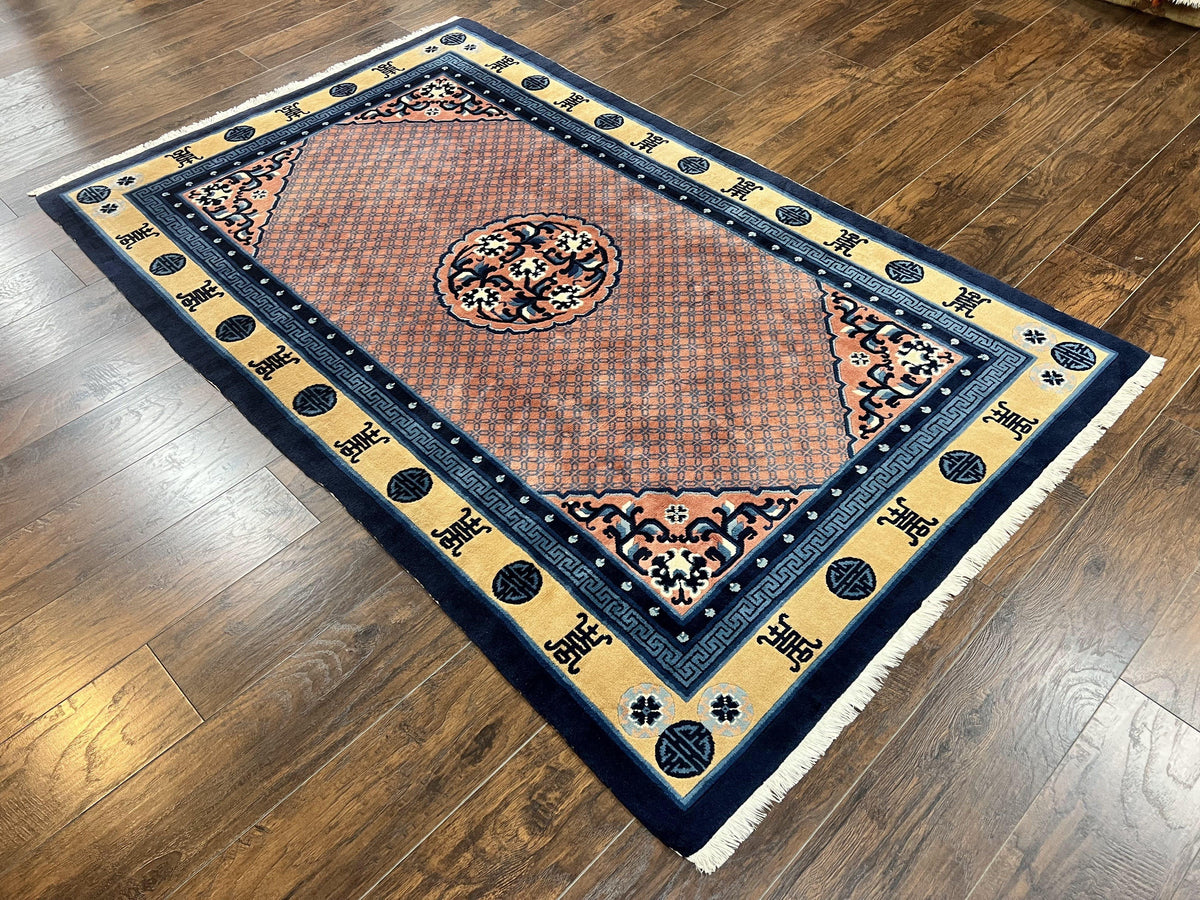 Chinese Peking Rug 5x8, Vintage Semi Antique Chinese Art Deco Carpet, Wool Pile Light Red/Salmon Gold Navy Blue, Handmade Asian Oriental Rug - Jewel Rugs, view 13