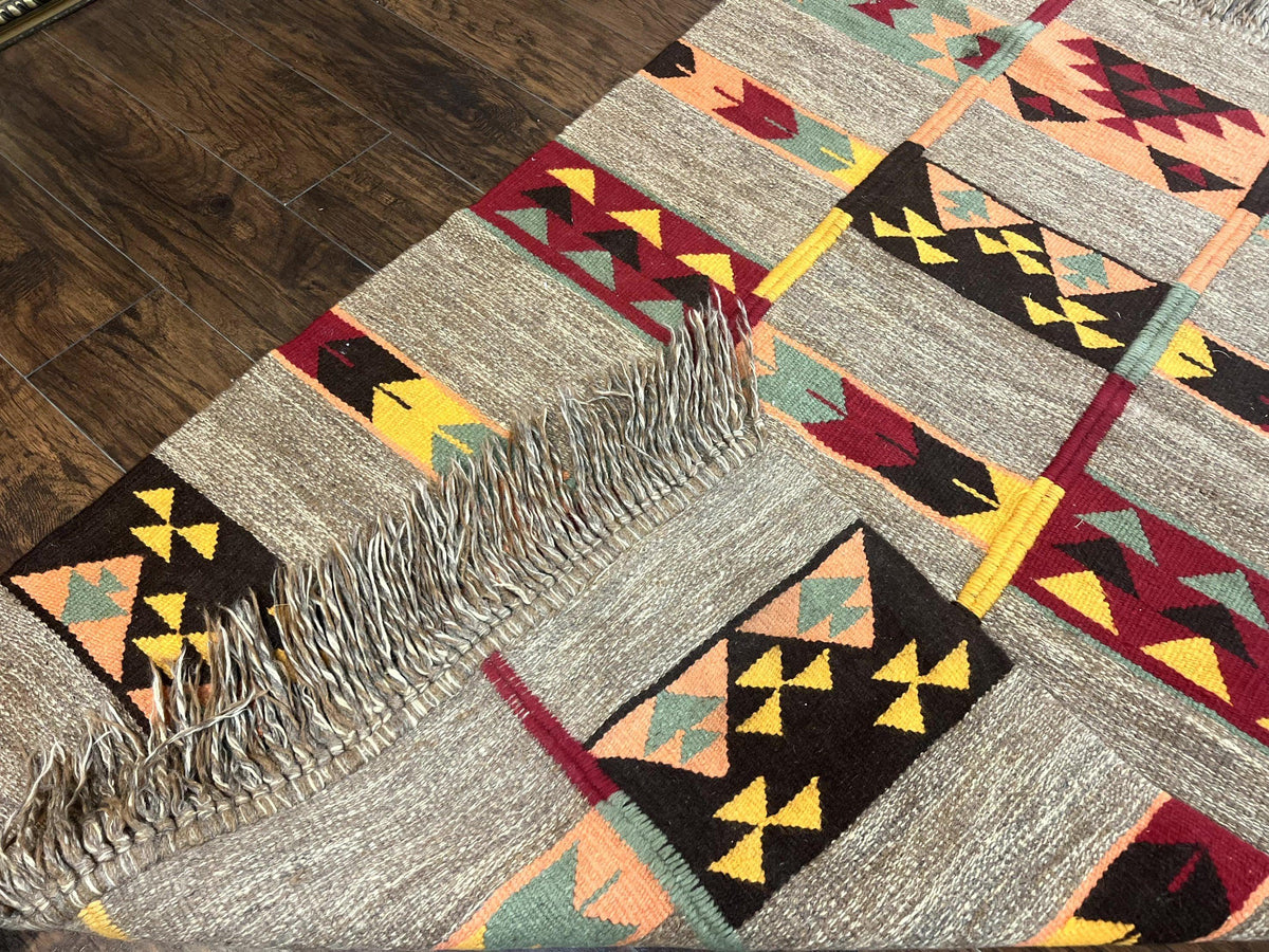 South American Flatweave Rug, Gray, Handmade Vintage Wool Bohemian Blanket - Jewel Rugs, view 12