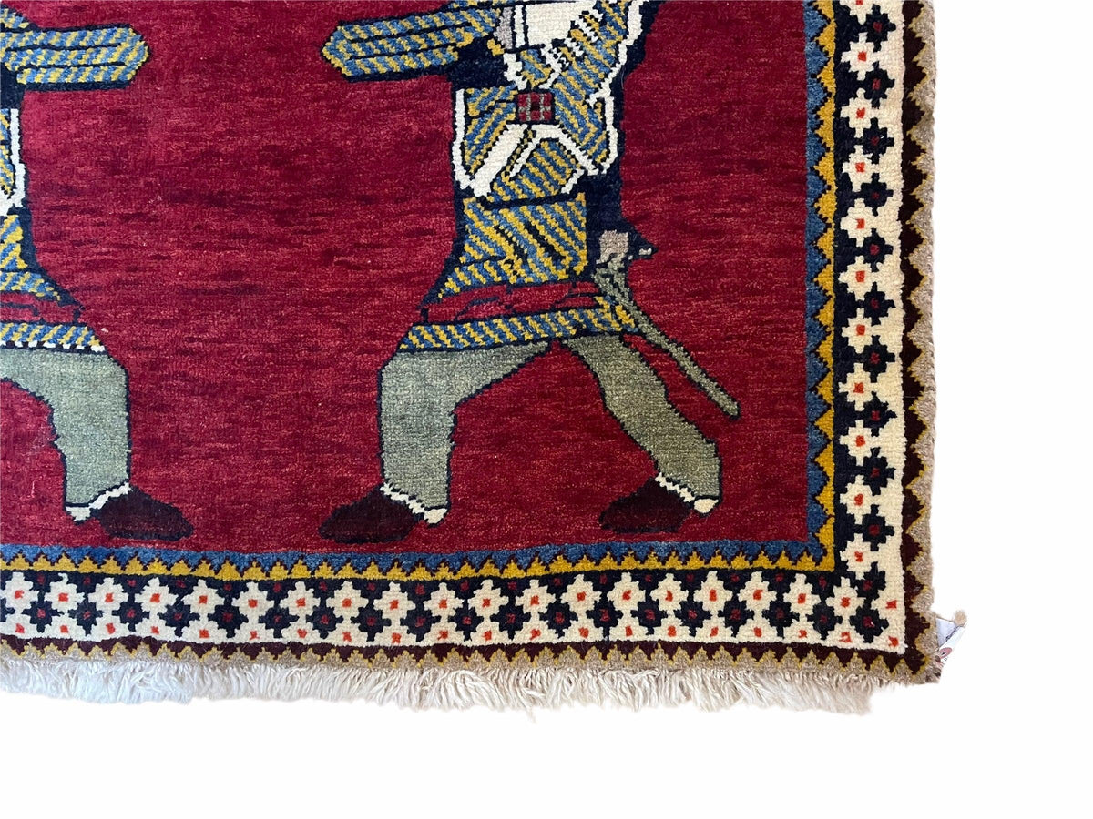 3 X 6 Handmade Wool Rug Tribal Balouch Warriors Deer Animal Pictorial Red Swords - Jewel Rugs, view 10