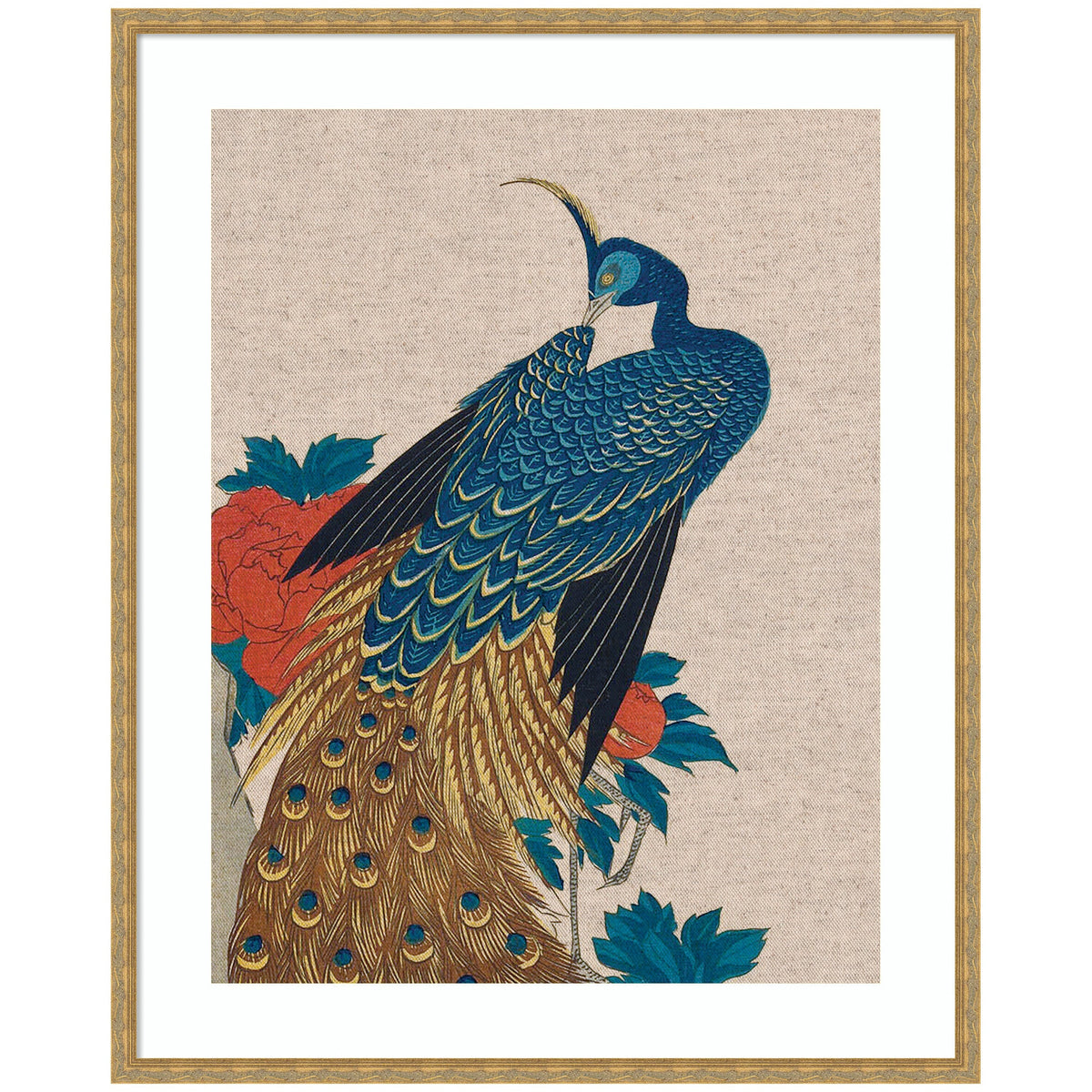 Framed Art Peacock and Peonies 1840 Utagawa Hiroshige Neutral Linen by The Art Institute of Chicago