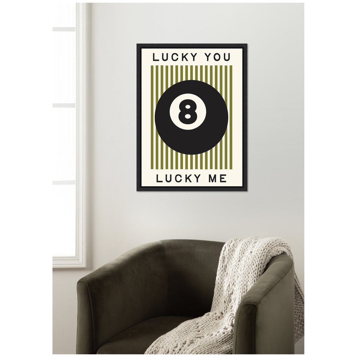 Lucky You Lucky Me Green Striped 8 Ball Print, Dopamine Decor for Home or Apartment Retro Poster by Lucky Guava Framed Canvas Wall Art Print