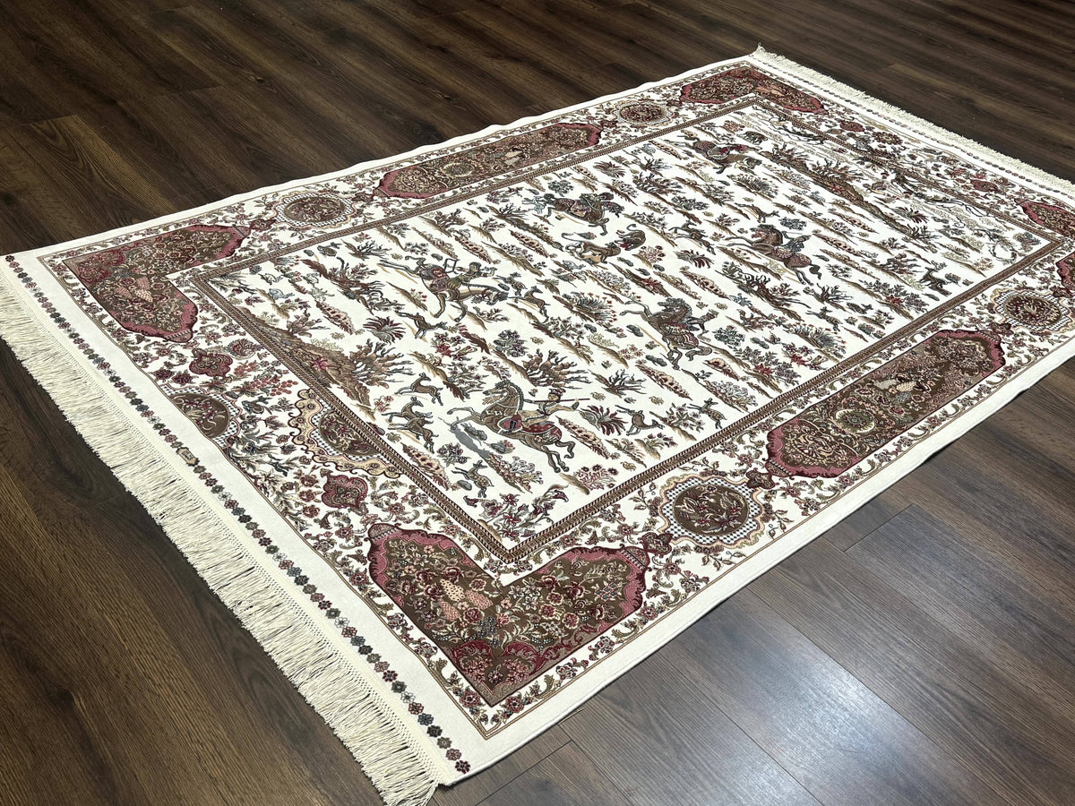 Turkish Silk Rug 5x8, Ivory, Hunting Design, Animal Pictorials, Bamboo Silk - Jewel Rugs, view 3