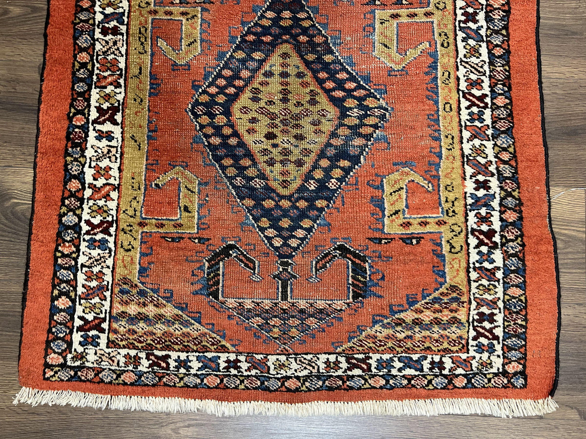 Rare Persian Tribal Runner Rug 3 x 11, Sarab Serab Persian Runner, Antique 1920s Collectible Geometric Medallions Oriental Wool Runner, Hand Knotted, Bright Orange-Red - Jewel Rugs, view 5