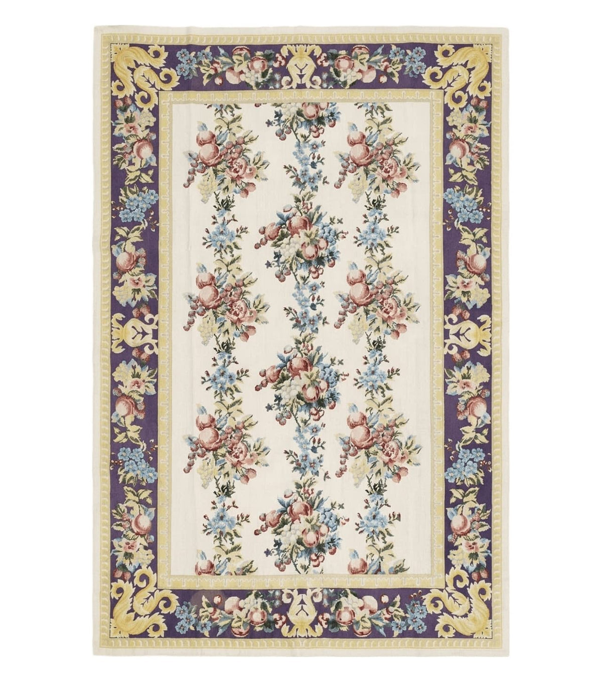 Vintage Chinese Floral Needlepoint Area Rug 6x9, Wool Hand-Woven Handmade Flatweave Rug, Ivory & Purple, Fruits Grapes Apples, Dining Room - Jewel Rugs